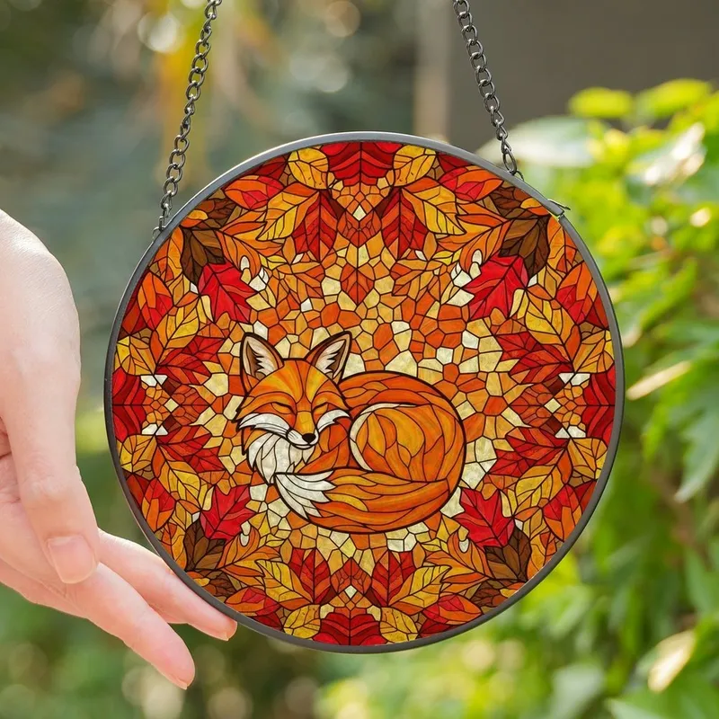 Nature Lovers' Tiffany Stained Glass Sleeping Fox Autumn Leaves Mosaic Pattern Stained Glass Suncatcher - 1