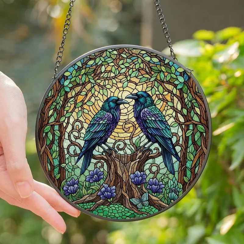 Art Aficionados' Stained Glass Ravens Embrace Tiffany Style Teal Purple Jewel Tone Forest Mosaic Stained Glass Suncatcher - n3M402lslw