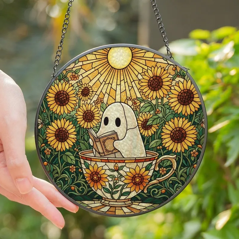 Whimsical Art Lovers' Tiffany Stained Glass Ghost Teacup Book & Radiant Sunflower Garden Mosaic Stained Glass Suncatcher - 1
