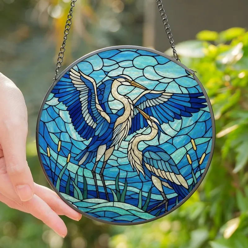 Nature Lovers' Intricate Stained Glass Heron Courtship: Tiffany Style Blue Gold Mosaic Stained Glass Suncatcher - W2QjU5aOw8