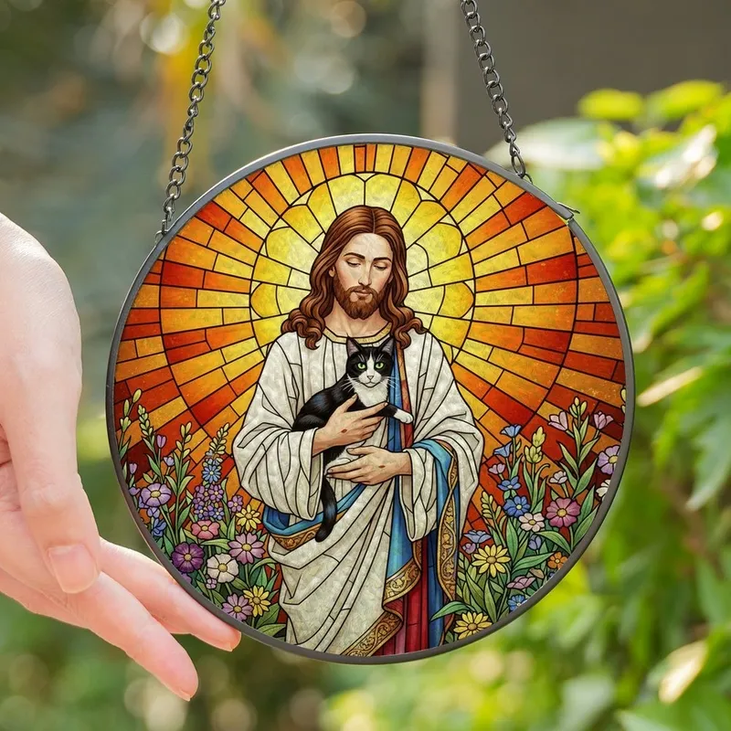Cat & Art Lovers' Vibrant Tiffany Stained Glass Jesus Cradling Tuxedo Cat, Jewel Tone Wildflower Sunburst Stained Glass Suncatcher - 1