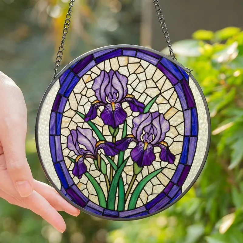 Nature Lovers' Tiffany Stained Glass Purple Iris Emerald Green Floral Mosaic Pattern Stained Glass Suncatcher - 1