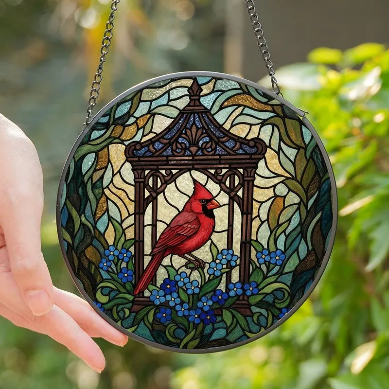 Nature Lovers' Radiant Stained Glass Cardinal & Forget-Me-Nots Jewel Tone Mosaic Stained Glass Suncatcher - 0pNiSThQwW