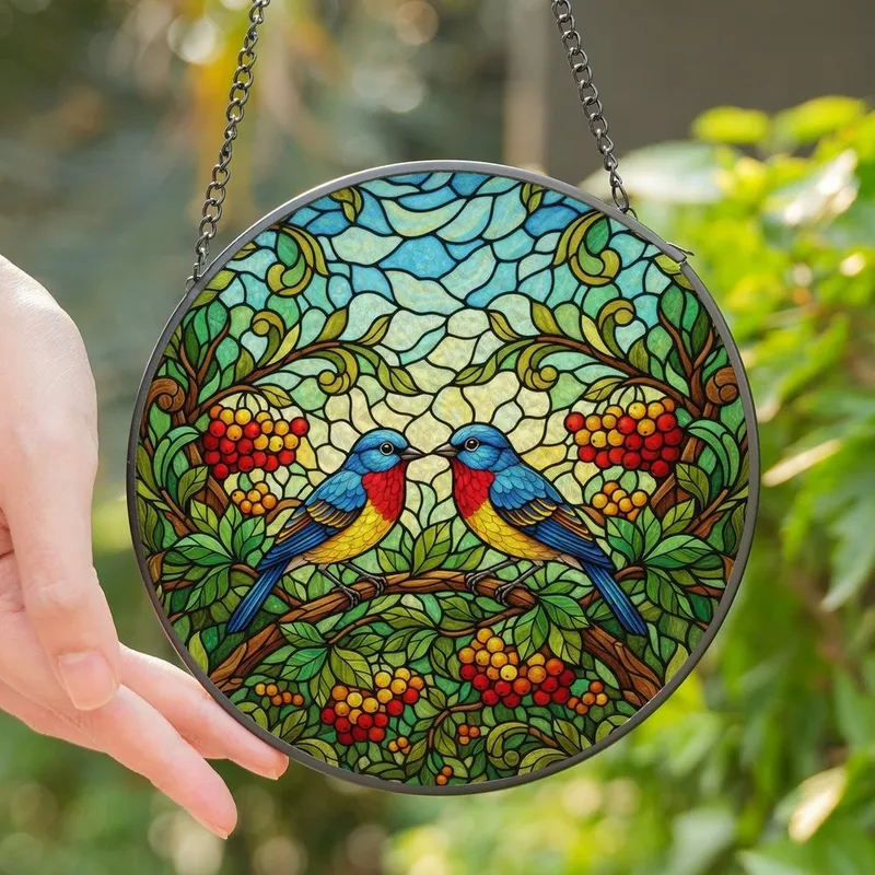 Nature Lovers' Vibrant Tiffany Stained Glass Songbirds Branch Mosaic Design in Jewel Tones Stained Glass Suncatcher - 1