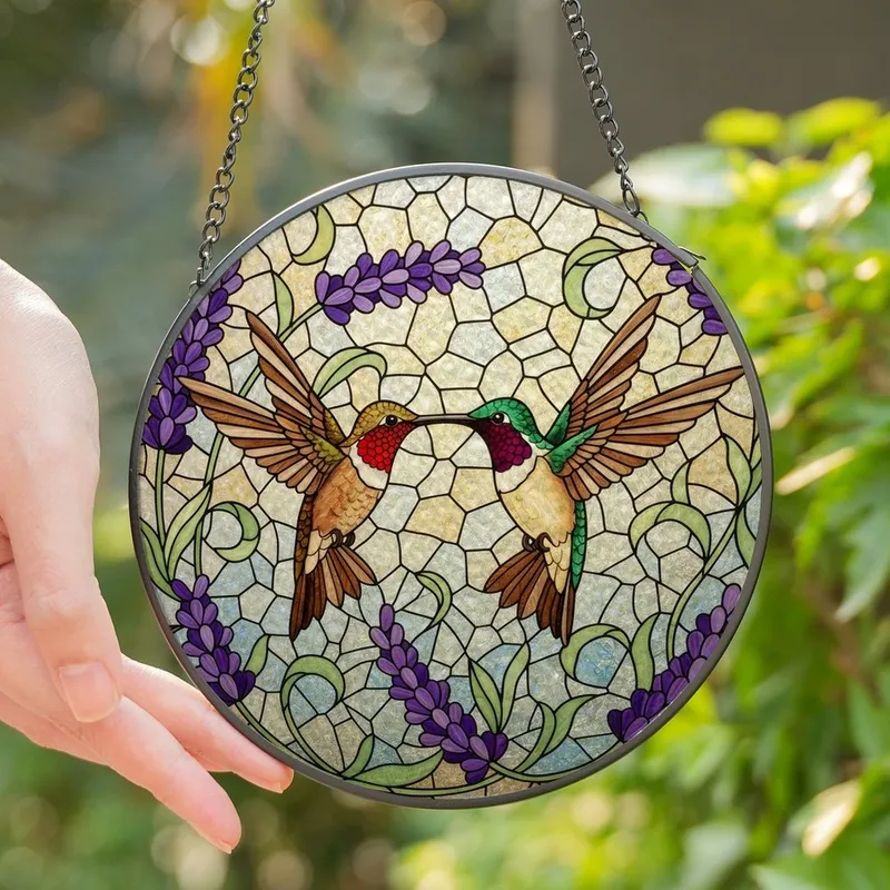 Nature Lovers' Vibrant Stained Glass Hummingbirds Lavender Ruby Emerald Violet Mosaic Stained Glass Suncatcher - nxZDwr0zC7