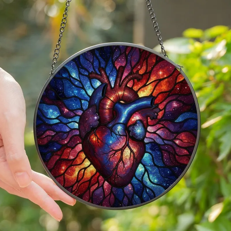 Art & Science Enthusiasts' Intricate Stained Glass Anatomical Heart Cosmic Galaxy Blue Red Purple Design Stained Glass Suncatcher - 1