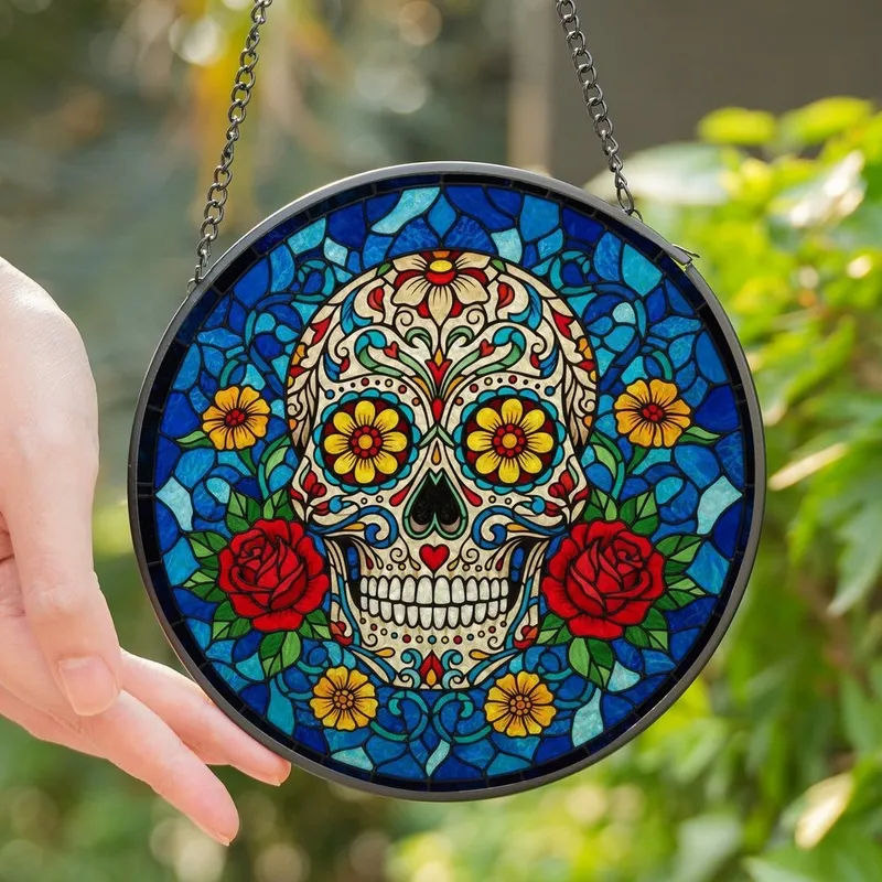 Art Lovers' Vibrant Stained Glass Sugar Skull Intricate Floral Calavera Marigold Rose Mosaic Pattern Stained Glass Suncatcher - 1
