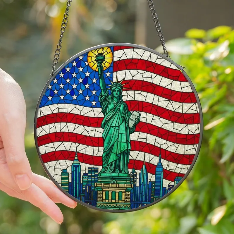 Patriotic Americans' Tiffany Stained Glass Statue of Liberty American Flag Mosaic Edge-to-Edge Jewel Tones Stained Glass Suncatcher - 1