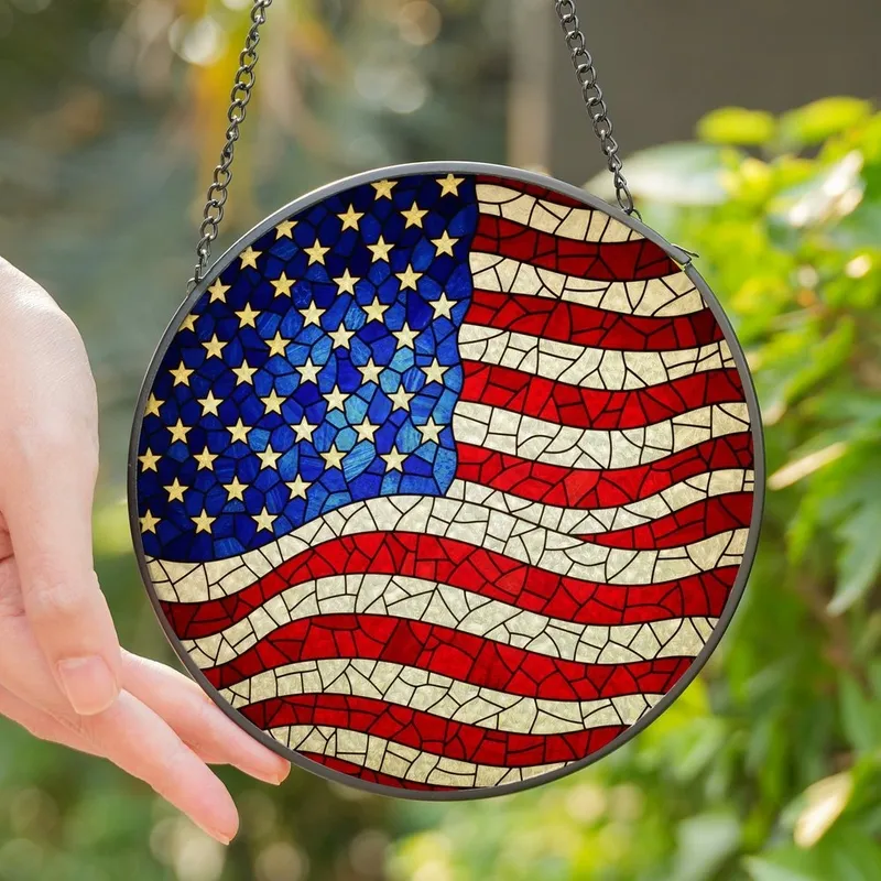 Patriotic Art Enthusiasts' Wavy Stained Glass American Flag Mosaic Ruby & Sapphire Jewel Tones Stained Glass Suncatcher - 1