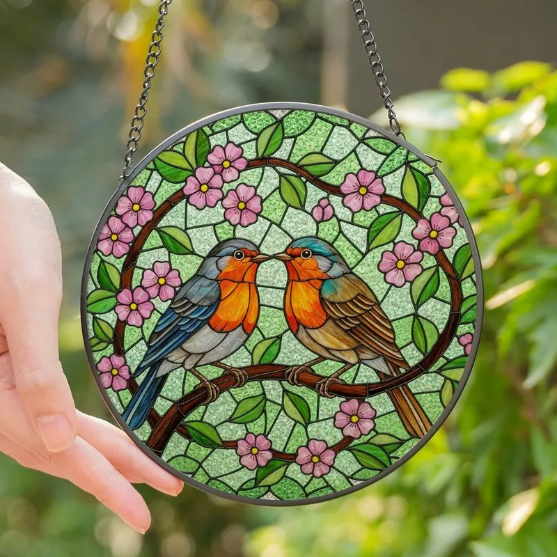 Nature Lovers' Stained Glass Robins, Pink Blossoms & Green Leaves, Tiffany Mosaic Jewel Tones Stained Glass Suncatcher - 1