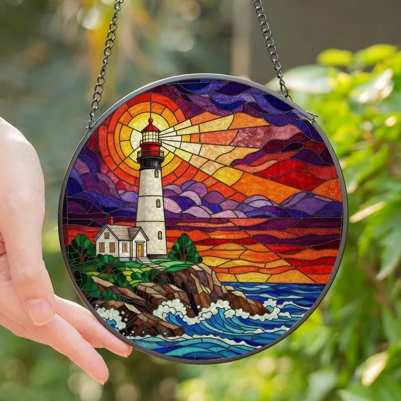 Coastal Living Enthusiasts' Tiffany Stained Glass Lighthouse Sunset Ocean Mosaic Deep Blue Red Orange Stained Glass Suncatcher - 1