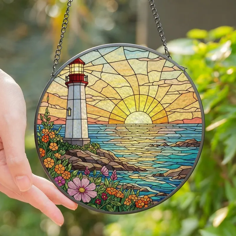 Coastal Art Enthusiast's Glowing Stained Glass Lighthouse Sunset Wildflower Mosaic Stained Glass Suncatcher - 1