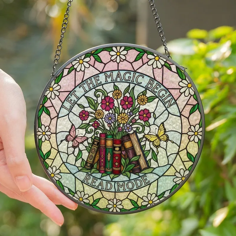 Readers' Whimsical Tiffany Stained Glass Books Wildflowers Pink Blue Yellow Jewel Tones Art Stained Glass Suncatcher - 1