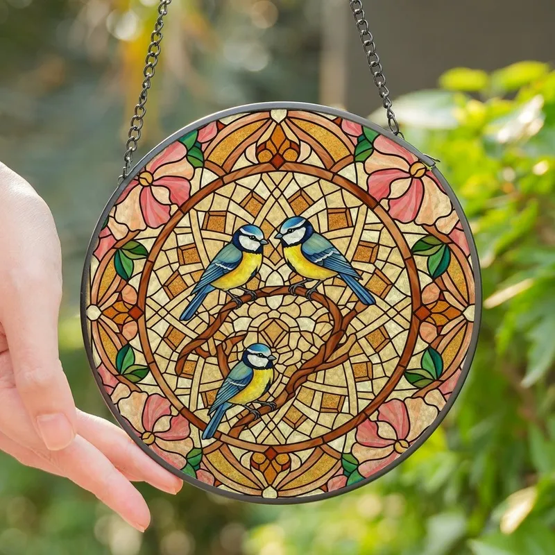 Art Lovers' Tiffany Style Stained Glass Blue Tits Pink Blossoms Amber Geometric Stained Glass Suncatcher - 1