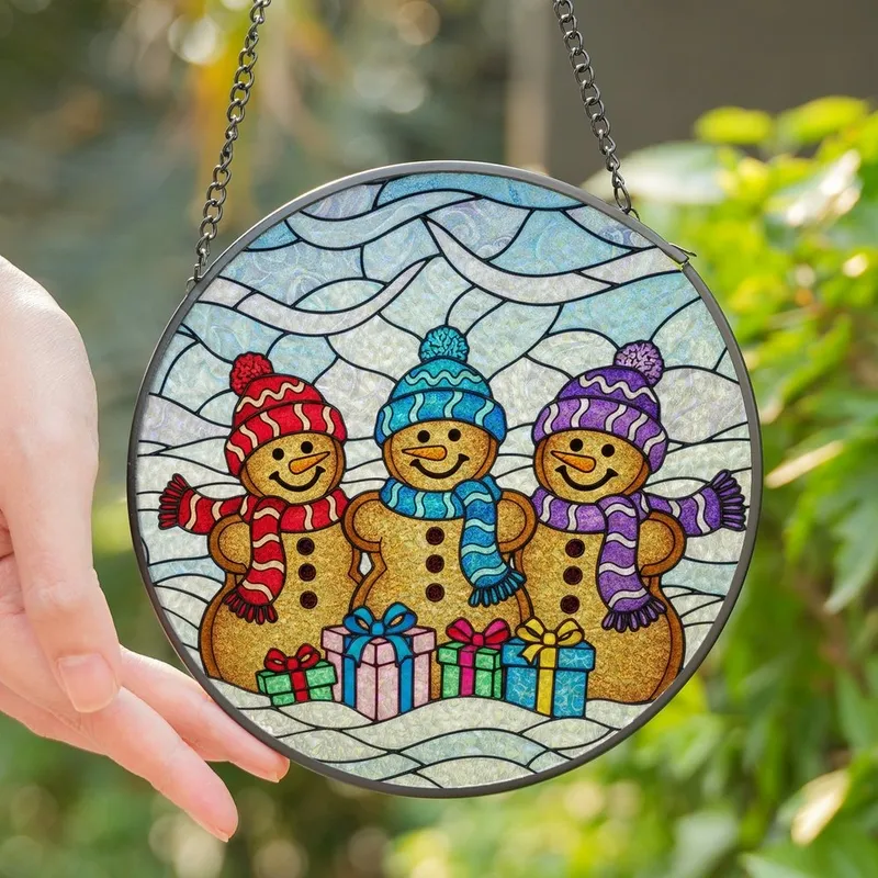 Holiday Enthusiasts Tiffany Stained Glass Cheerful Gingerbread Snowmen Festive Gifts Snowy Mosaic Golden Brown Blue Pink Red Purple Stained Glass Suncatcher - 1
