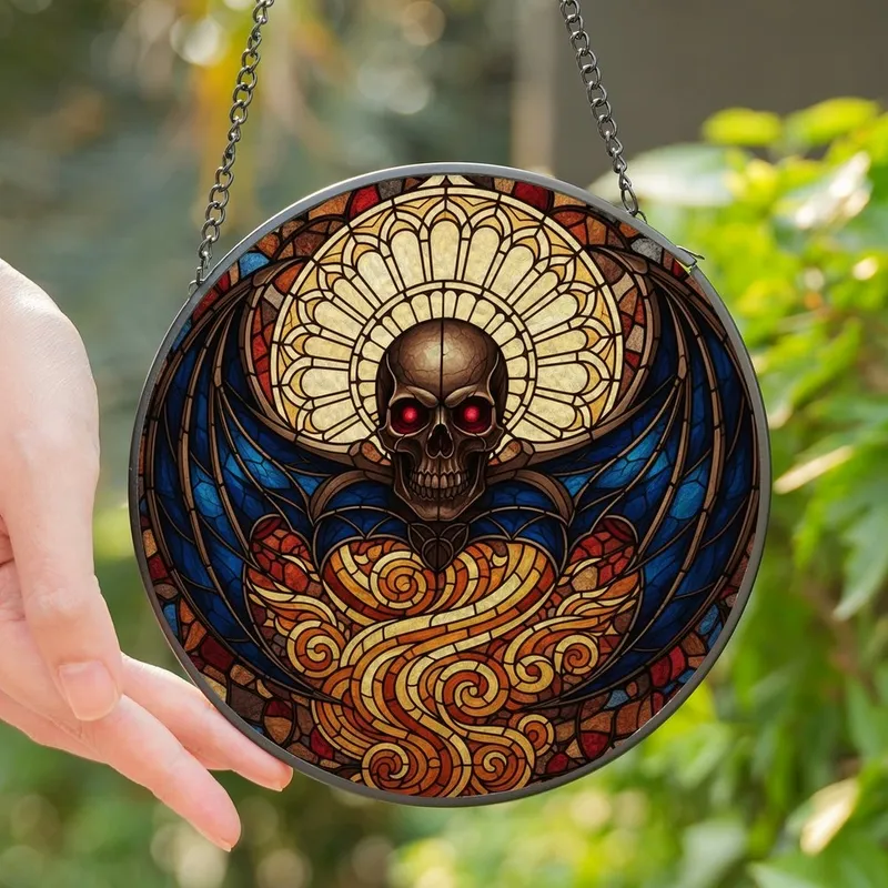 Gothic Art Lovers' Intricate Tiffany Stained Glass Skull & Bat Wings Mosaic Art with Glowing Red, Deep Blue, Golden Amber Tones Stained Glass Suncatcher - XrBeE7ac_X