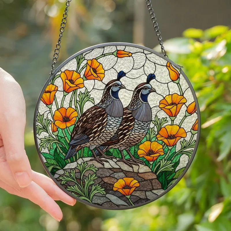 Nature Lovers' Vibrant Stained Glass California Quail Poppies Edge-to-Edge Mosaic Stained Glass Suncatcher - f75mGyckjf