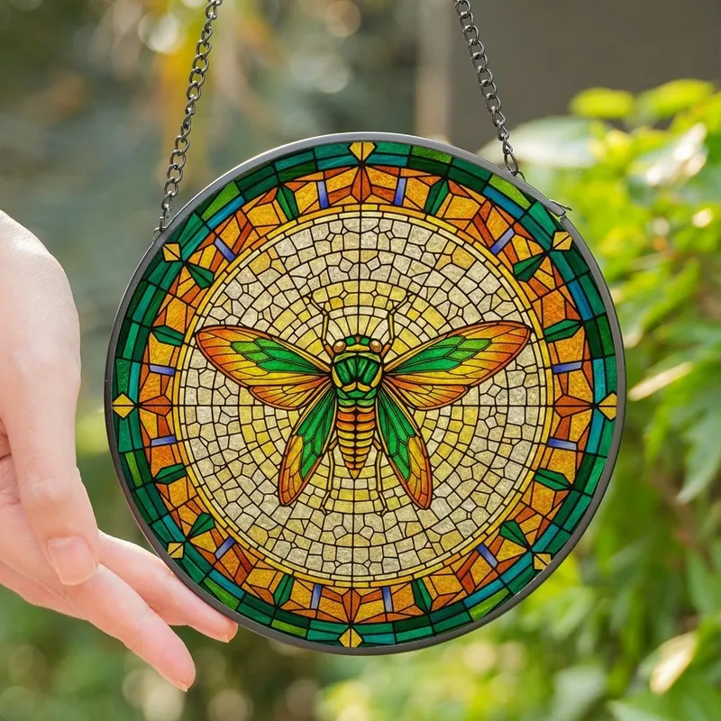 Nature Lovers' Intricate Stained Glass Cicada Emerald Green Cobalt Blue Golden Yellow Geometric Mosaic Stained Glass Suncatcher - E_eweH4lzh
