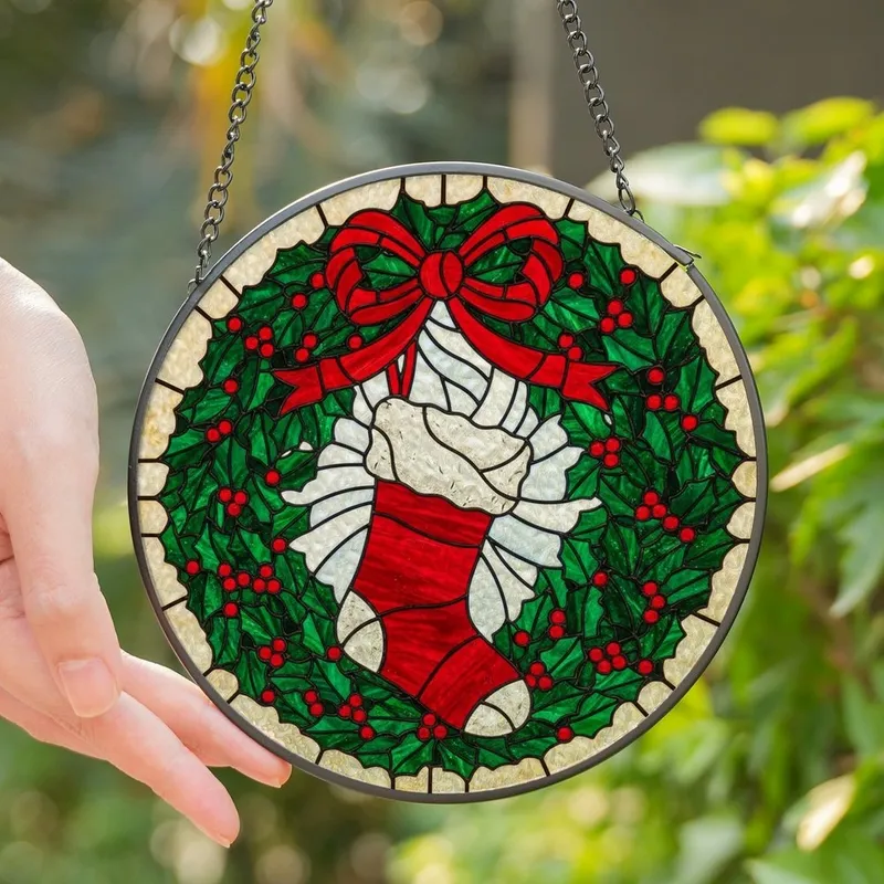 Christmas Decor Lovers' Intricate Stained Glass Red Stocking Holly Wreath Jewel Tone Mosaic Stained Glass Suncatcher - BTW84b6nqr