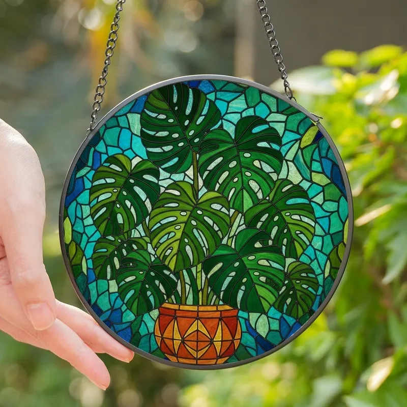 Plant Lovers' Tiffany Stained Glass Emerald Green Monstera Leaves Terracotta Pot Mosaic Pattern Stained Glass Suncatcher - 1