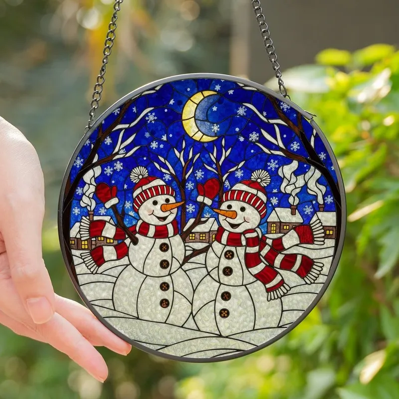 Holiday Enthusiasts' Cheerful Snowmen Tiffany Stained Glass Winter Village Deep Blue Gold Stained Glass Suncatcher - 1