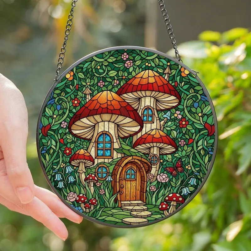 Fantasy Lovers' Tiffany Style Stained Glass Mushroom Cottage Enchanted Forest Mosaic Red Green Blue Stained Glass Suncatcher - Mj7nAB3DKP