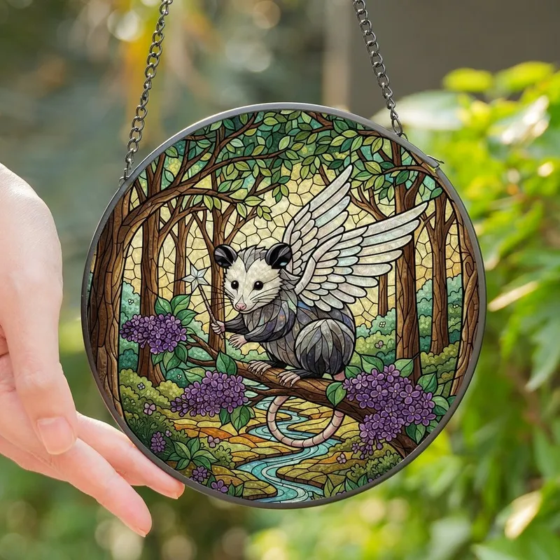 Fantasy Art Lovers' Whimsical Winged Opossum Stained Glass Enchanted Forest Mosaic Design Stained Glass Suncatcher - 1
