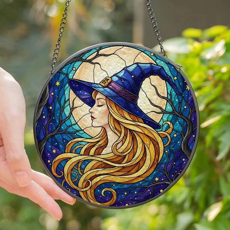 Fantasy Art Lovers' Tiffany Stained Glass Witch Profile Full Moon Jewel Tone Mosaic Stained Glass Suncatcher - 1