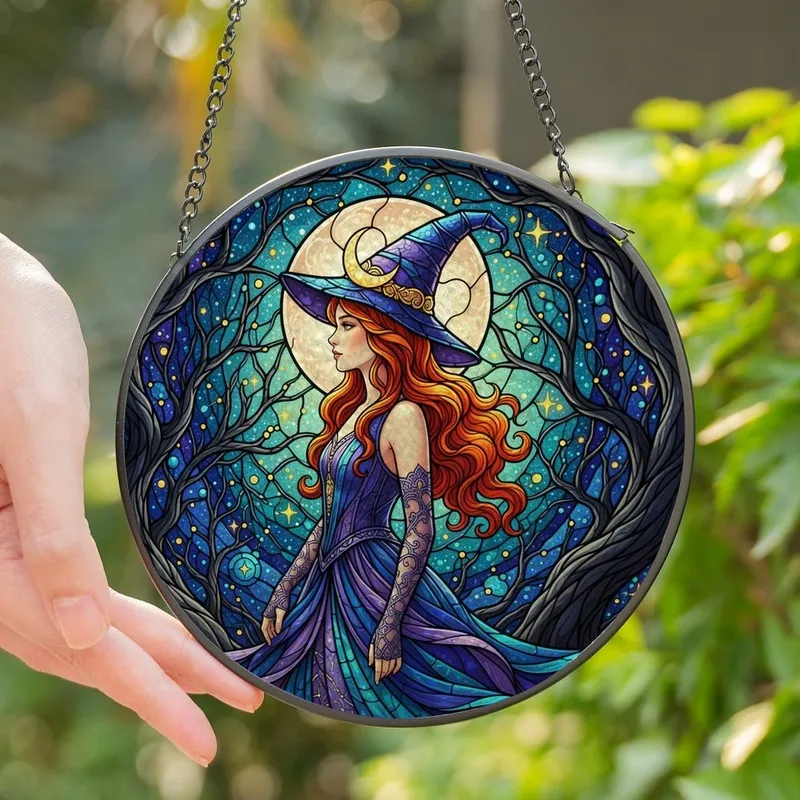 Fantasy Art Lovers' Stained Glass Mystical Witch with Fiery Orange Hair, Jewel Tone Night Sky Mosaic Stained Glass Suncatcher - 1