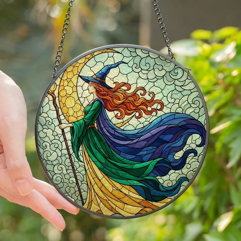 Fantasy Art Lovers' Enchanted Stained Glass Witch Crescent Moon Emerald Gold Teal Cloudscape Stained Glass Suncatcher - 1