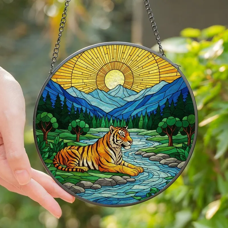 Wildlife Art Lovers' Tiffany Stained Glass Tiger River Mosaic Landscape Golden Orange Emerald Jewel Tones Stained Glass Suncatcher - 1