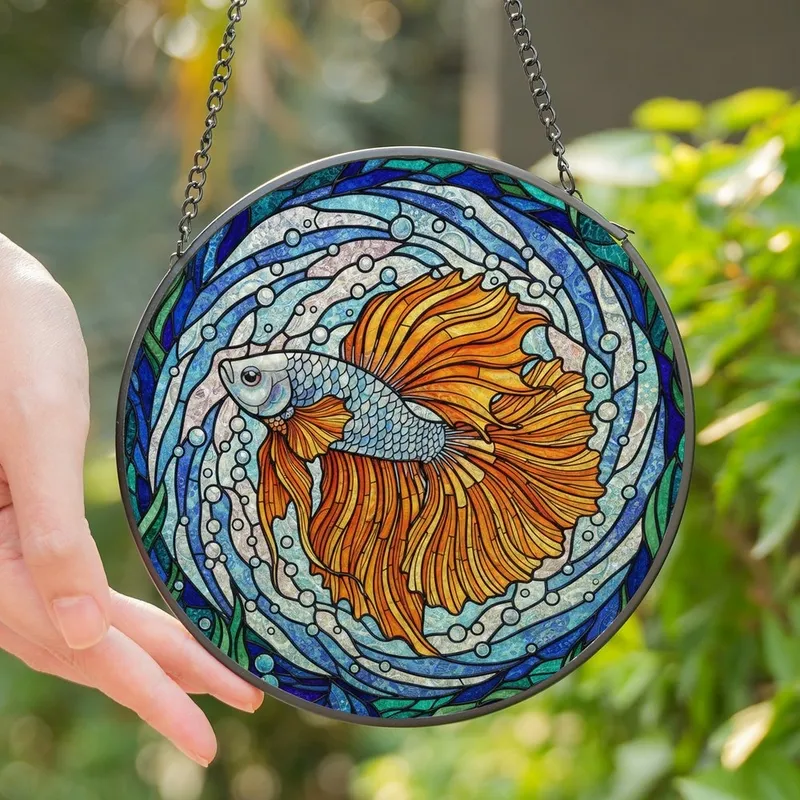 Nature Lovers' Vibrant Stained Glass Betta Fish Orange Blue Iridescent Aquatic Mosaic Art Stained Glass Suncatcher - 1