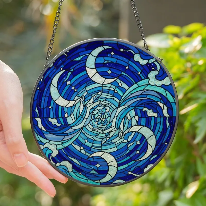 Art Lovers' Tiffany-Style Stained Glass Interlacing Hands, Radiant Blue Crescent Moons & Swirling Cosmic Ocean Mosaic Pattern Stained Glass Suncatcher - 1
