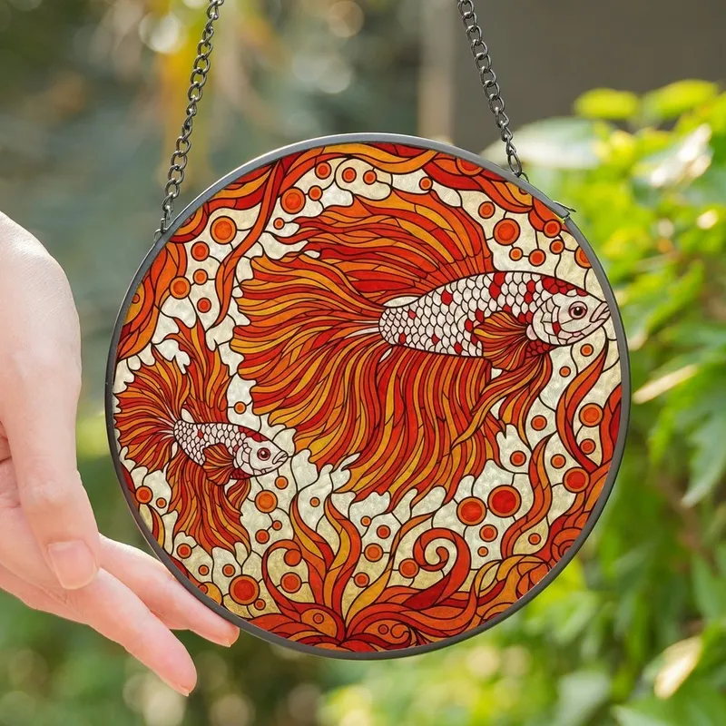 Aquarium Enthusiasts' Glowing Siamese Fighting Fish Stained Glass Art Deep Red Orange Water Patterns Stained Glass Suncatcher - 1