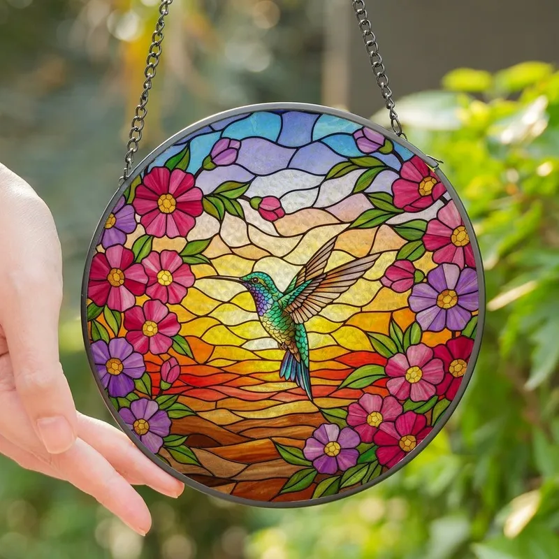 Nature Lovers' Iridescent Hummingbird Stained Glass Pink Purple Floral Sunset Jewel Tone Mosaic Stained Glass Suncatcher - 1