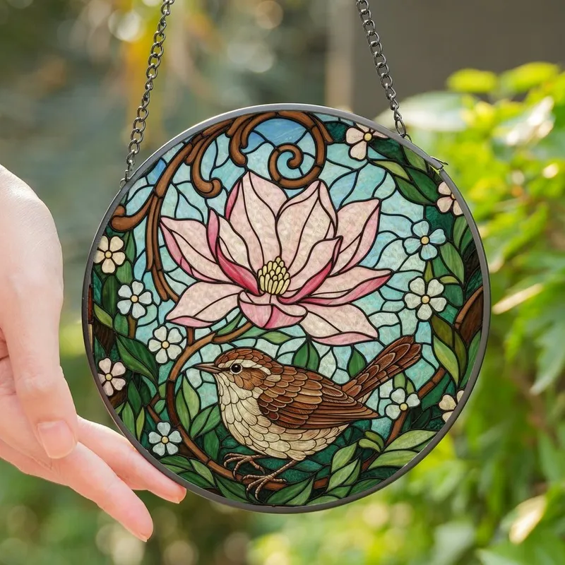 Nature Lovers' Intricate Stained Glass Wren Bird Pink Magnolia Floral Garden Mosaic Stained Glass Suncatcher - 1