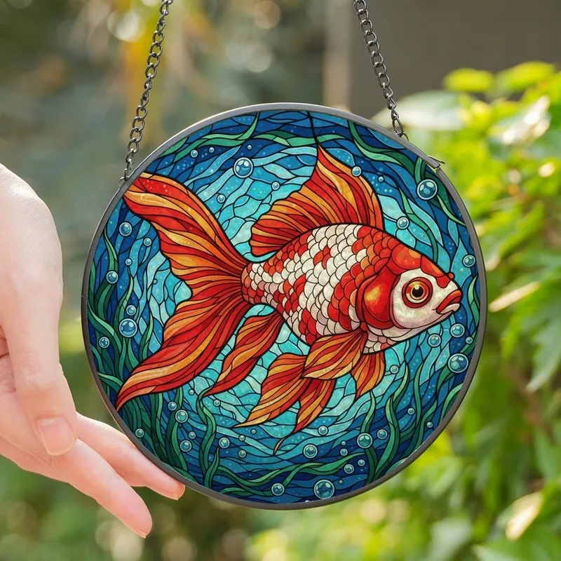 Aquatic Art Lovers' Vibrant Tiffany Goldfish Stained Glass Mosaic Flowing Fins Water Patterns Stained Glass Suncatcher - 1