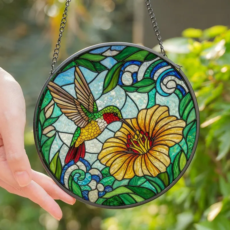 Nature Lovers' Vibrant Stained Glass Hummingbird Amber Bloom Green Foliage Mosaic Art Stained Glass Suncatcher - 1