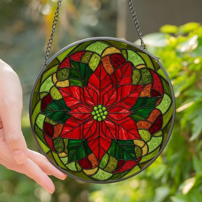 Women's Detailed Tiffany Stained Glass Poinsettia Floral Mosaic Fiery Red Emerald Green Stained Glass Suncatcher - 1