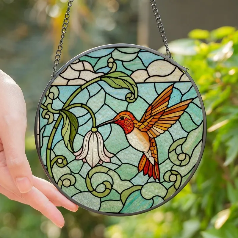 Nature Lovers' Vibrant Orange-Red Hummingbird Pink Flower Tiffany Stained Glass Mosaic Stained Glass Suncatcher - 1