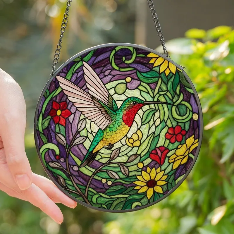 Nature Lovers' Vibrant Ruby-throated Hummingbird Tiffany Stained Glass Garden Mosaic Stained Glass Suncatcher - 86ZvQq9yft