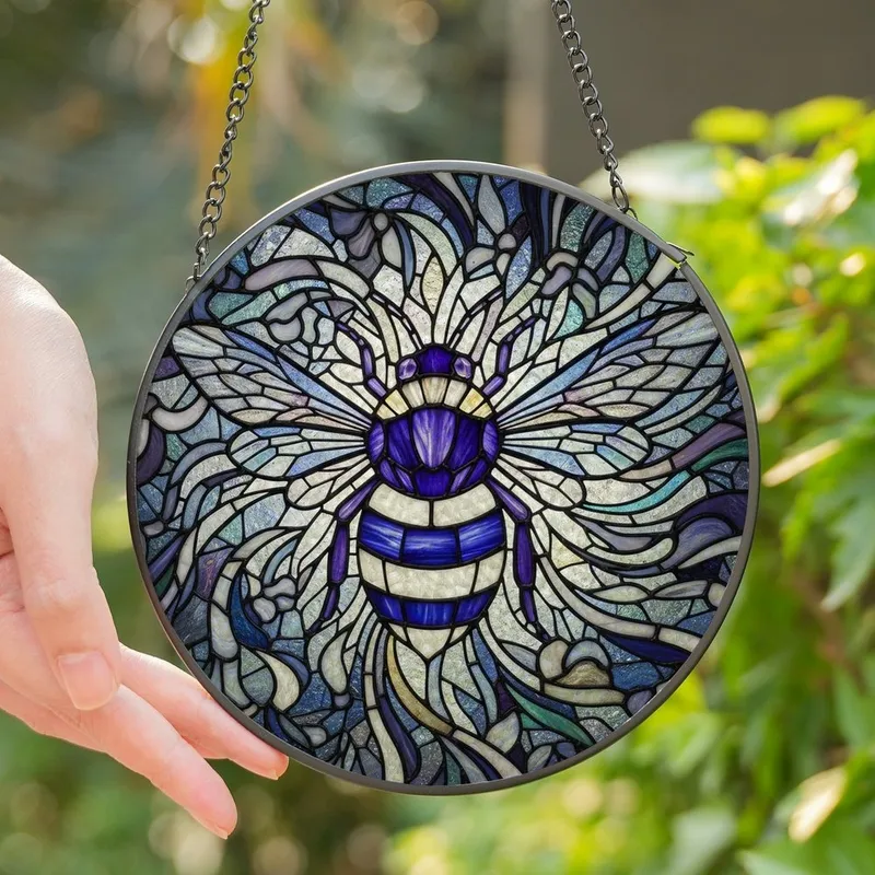 Nature Lovers' Intricate Tiffany Glass Bumblebee Indigo Amethyst Jewel Tone Floral Mosaic Art Stained Glass Suncatcher - UyXHB01oso