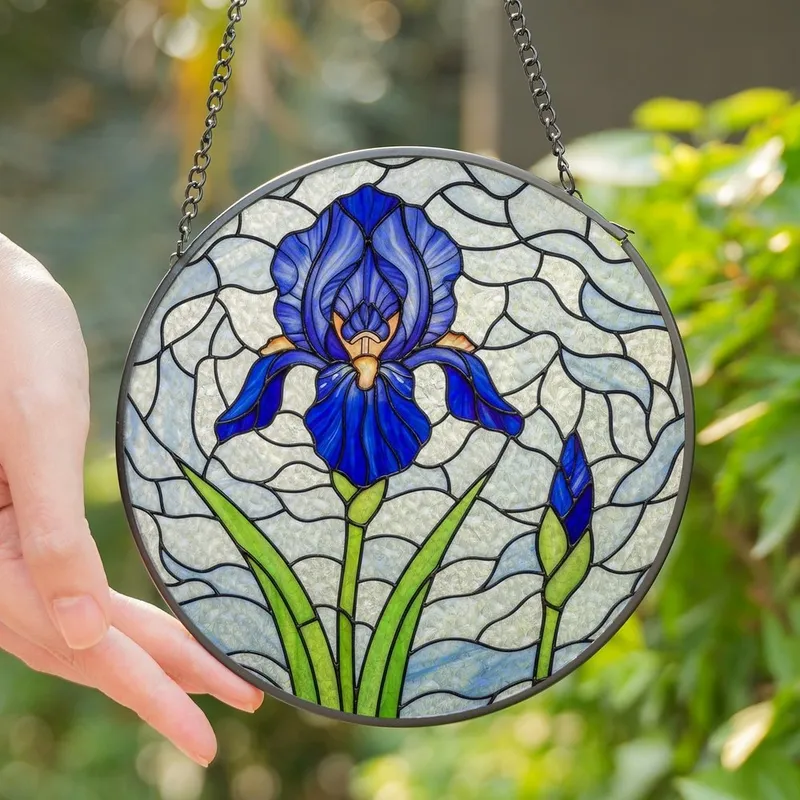 Nature Lovers' Intricate Sapphire Blue Iris Tiffany Stained Glass Floral Mosaic Pattern Stained Glass Suncatcher - 1