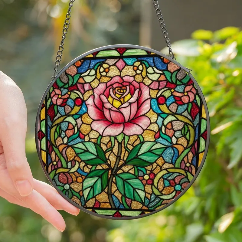 Women's Jewel-Tone Stained Glass Rose Emerald Floral Geometric Mosaic Design Stained Glass Suncatcher - 1
