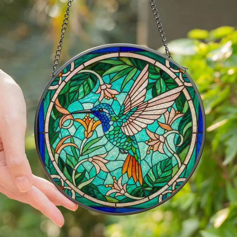 Nature Lovers' Intricate Stained Glass Hummingbird Tropical Foliage Jewel Tone Mosaic Art Stained Glass Suncatcher - 1