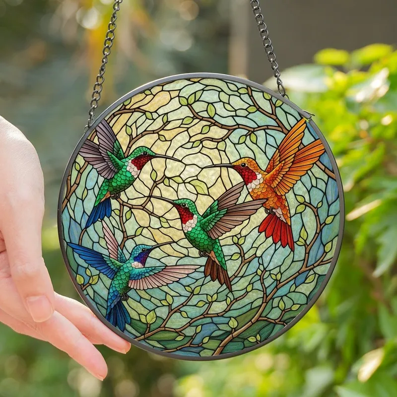 Nature Lovers' Vibrant Tiffany Stained Glass Hummingbird Garden Art, Ruby Emerald Sapphire Orange Rose Stained Glass Suncatcher - 1