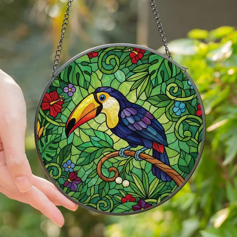 Tropical Art Lovers' Jewel Tone Tiffany Style Stained Glass Toucan & Jungle Mosaic Yellow Orange Emerald Deep Purple Stained Glass Suncatcher - 1