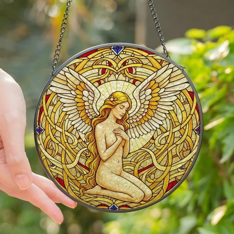 Art Lovers' Ethereal Tiffany Stained Glass Angelic Portrait Golden Amber Crimson Jewel Tones Stained Glass Suncatcher - 6-XW703e4E
