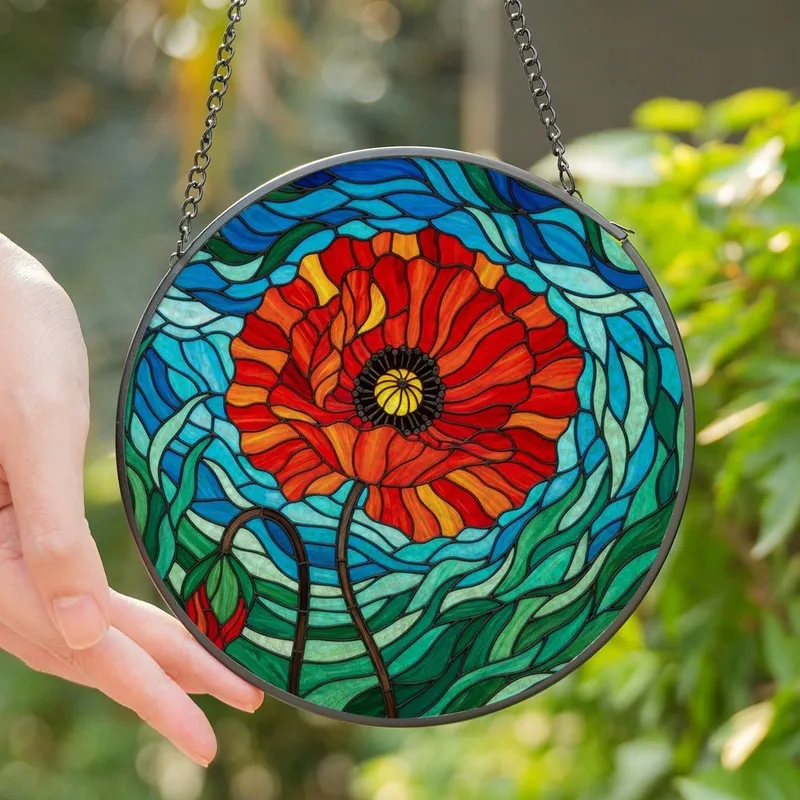 Art Lovers' Vibrant Stained Glass Poppy Flower Tiffany Style Jewel Tone Floral Mosaic Stained Glass Suncatcher - 1