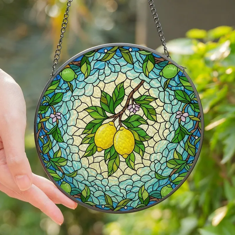 Nature Art Lovers' Intricate Tiffany Stained Glass Lemon Tree Branch Vine Yellow Green Blue Stained Glass Suncatcher - 1